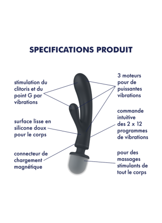 2 en 1 Vibromasseur rabbit et wand noir USB Triple Lover Satisfyer - CC597825